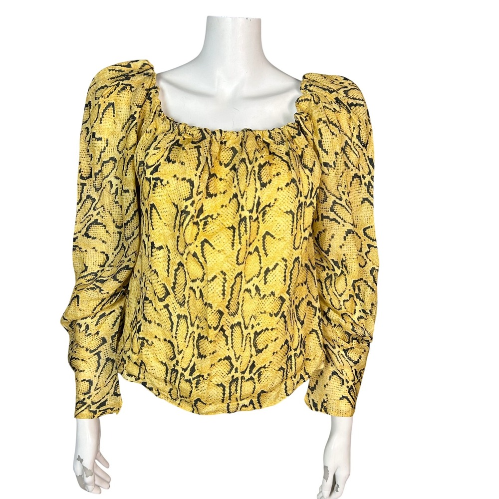 Frame Top Blouse Medium Python Ramie Puff Sleeve Yellow Snake mobwife boho